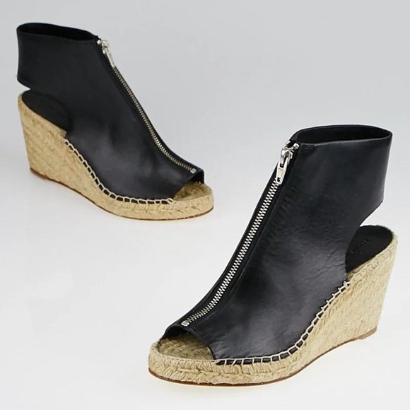 CELINE Phoebe Philo Black Leather Espadrille Jute Zip Wedges, Size 39 - Picture 1 of 6